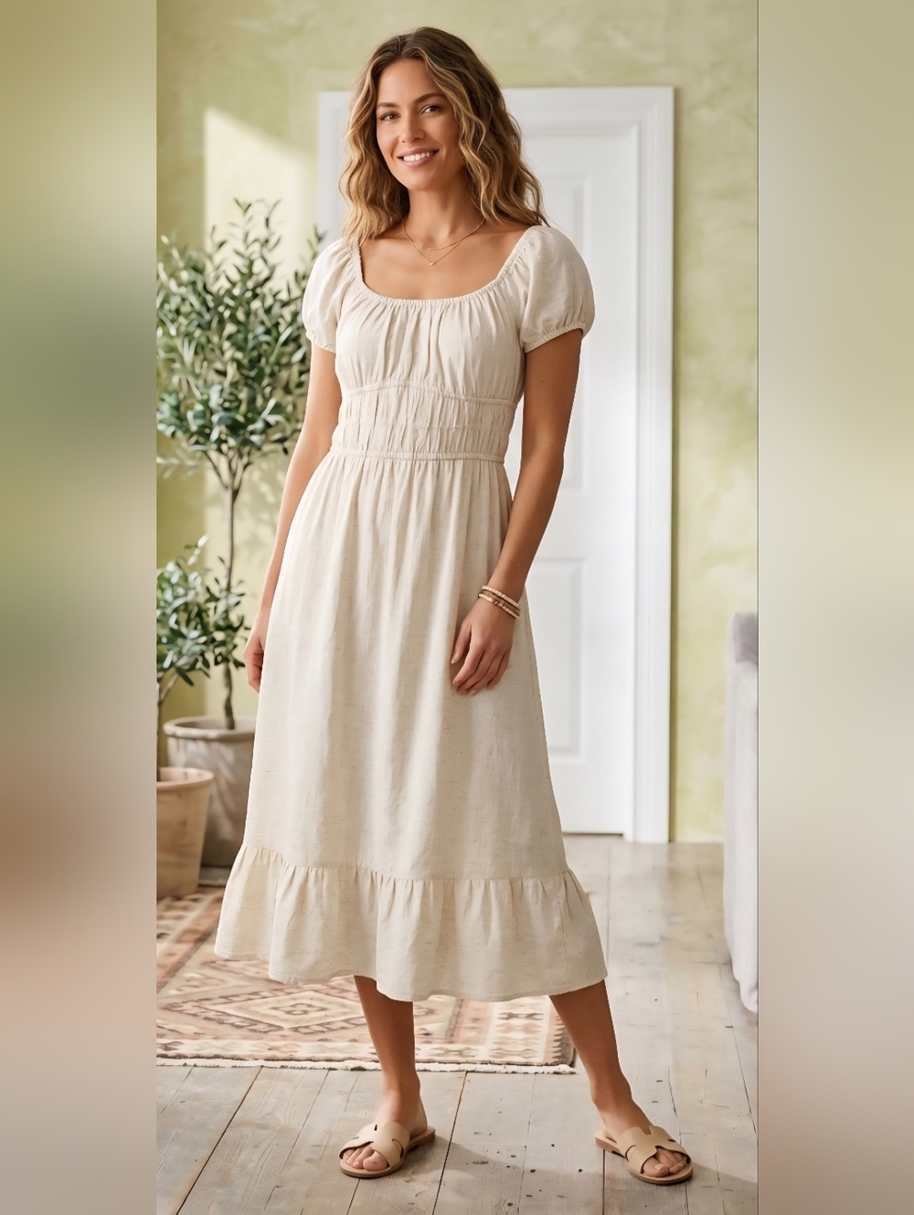Sim & Sam Mixed Linen Midi Dress, Size XL (Runs Small) Cream